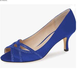 XYD Blue Prom Wedding Kitten Low Heels Dress Pumps Peep Toe Rhinestones Shoes